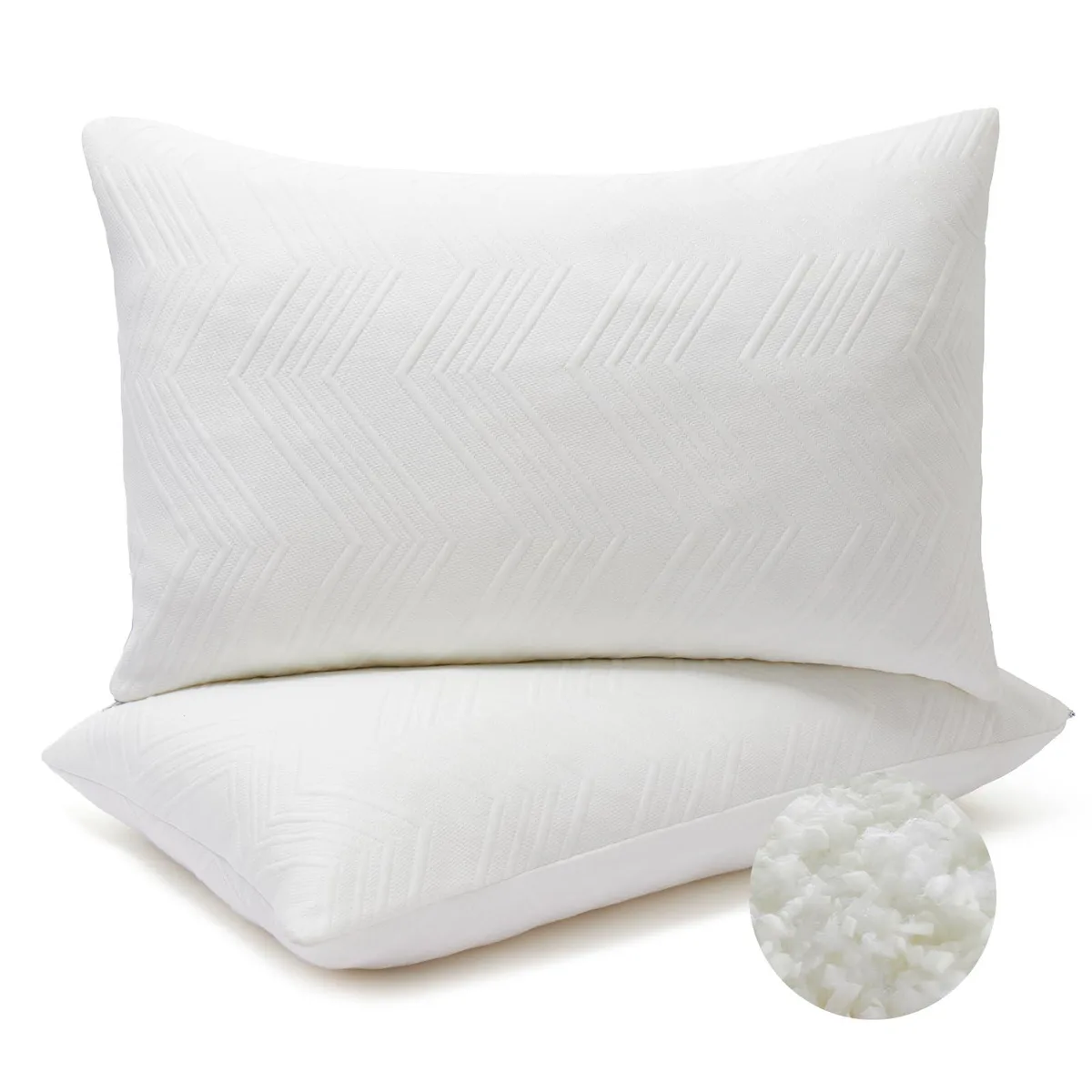 Two white queen pillows with zippered covers