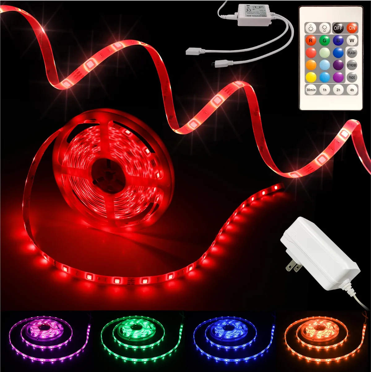 16.4 ft RGB LED strip on reel with remote and power adapter