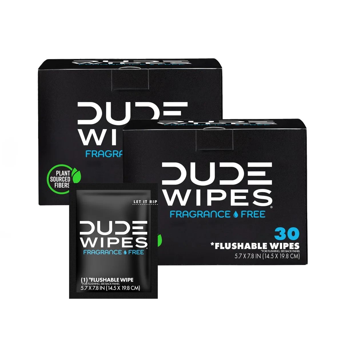 Two rectangular packs of unscented flushable wipes, 60 count total