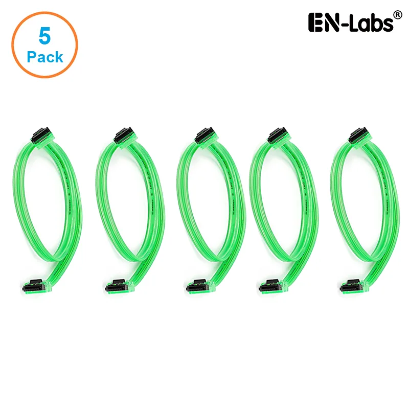 EN-Labs EN-Labs 5PKSATAIII45CMGN90 5-pack SATA cable UV Green 18 inch 90-degree locking latch — product photo