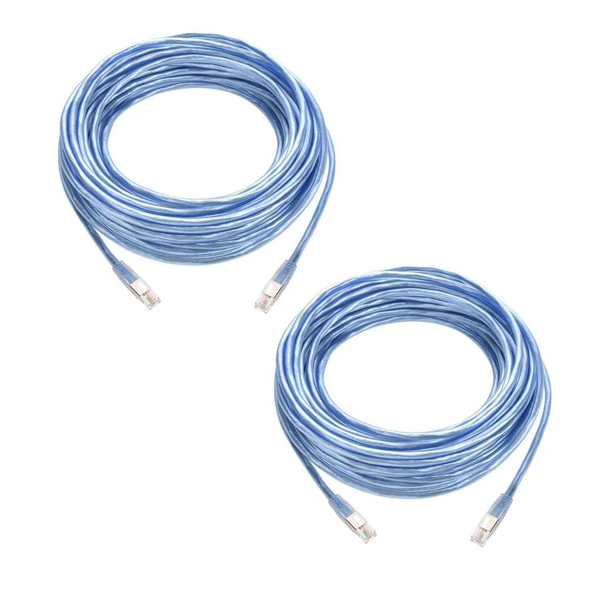 Two flat white RJ11 cables coiled side by side