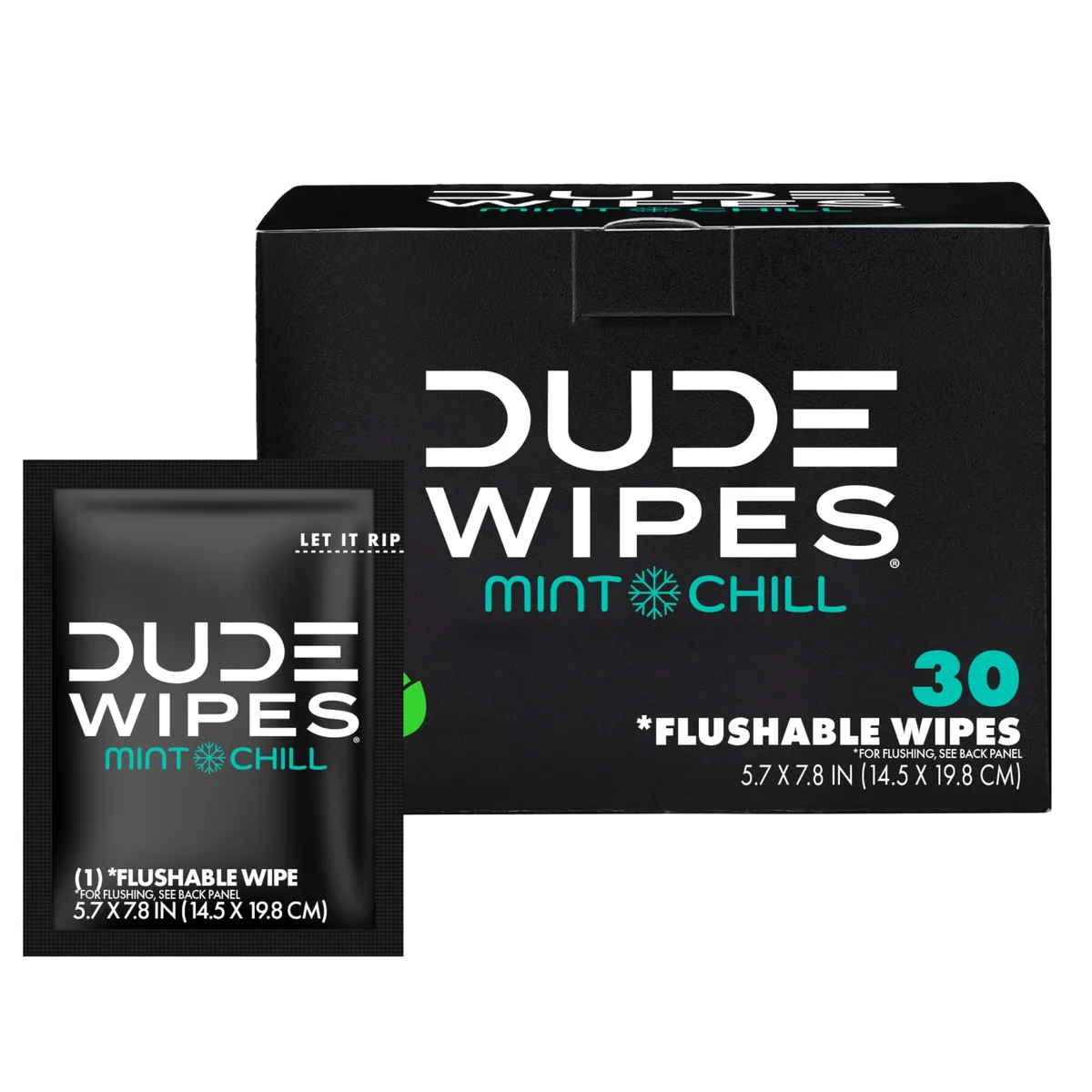 Rectangular white pack containing 30 individually wrapped mint-scented flushable wipes