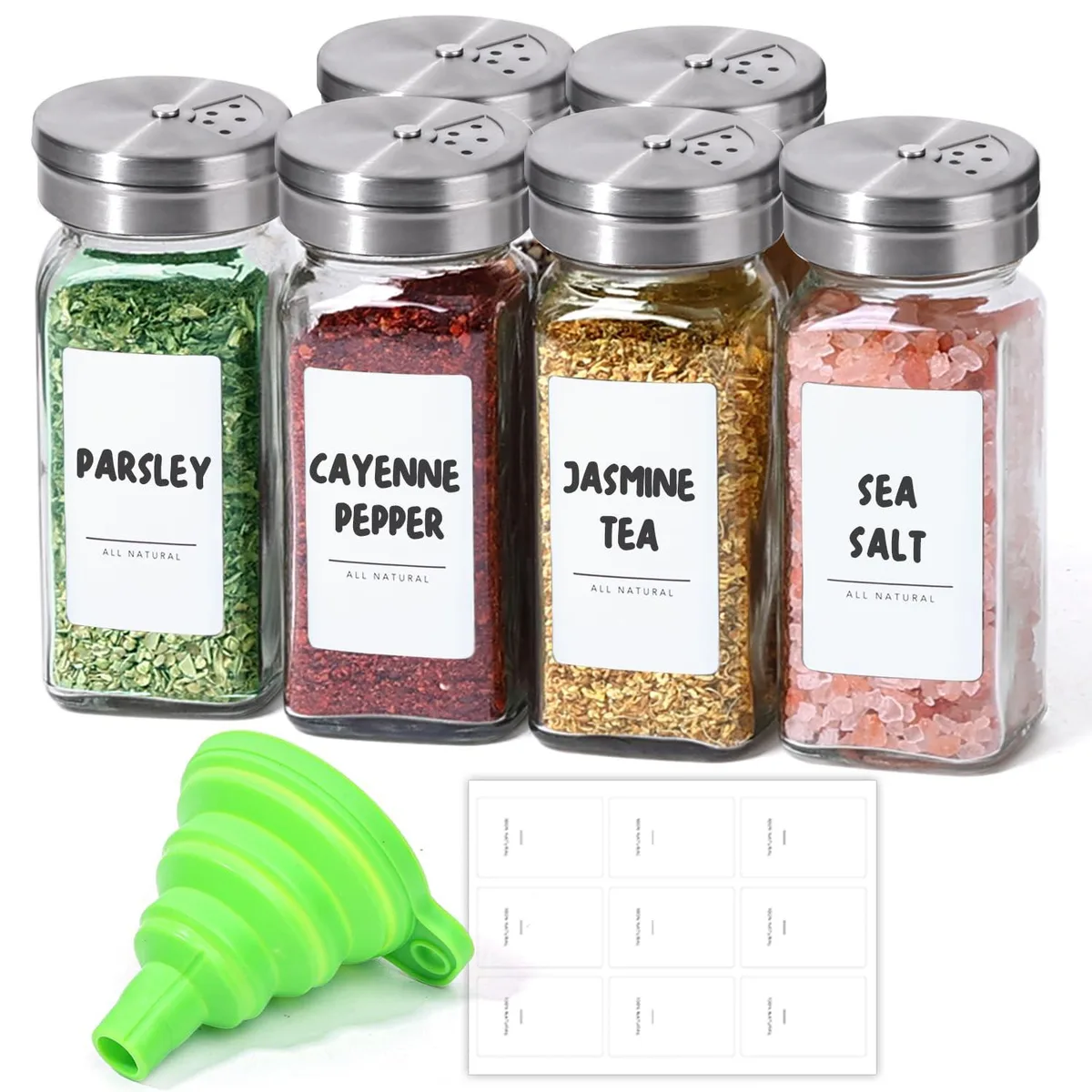 Six clear square glass spice jars with silver adjustable shaker lids and a funnel