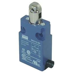 Small rectangular switch with vertical roller actuator on top, matte finish, compact body