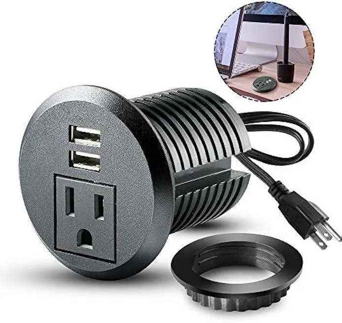 Round black desk grommet with one AC outlet and two USB ports, 6.5ft cord