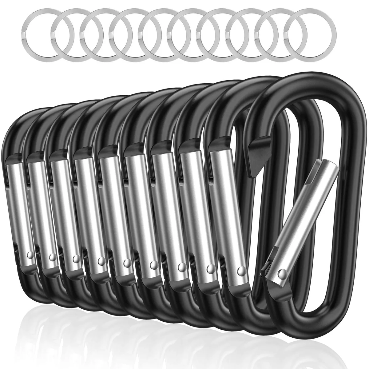 Ten black aluminium carabiners and ten silver steel D rings in a pack
