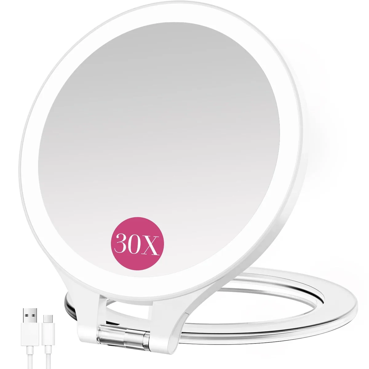 White double-sided magnifying mirror with LED lights and 320-degree rotation