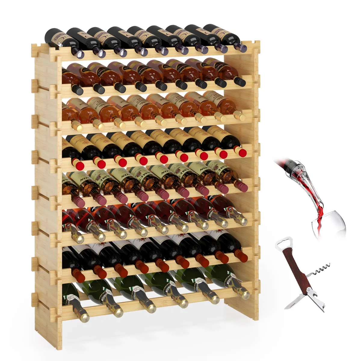 Freestanding bamboo wine rack, natural finish, 33.5 wide by 41 high inches, holds 69 bottles