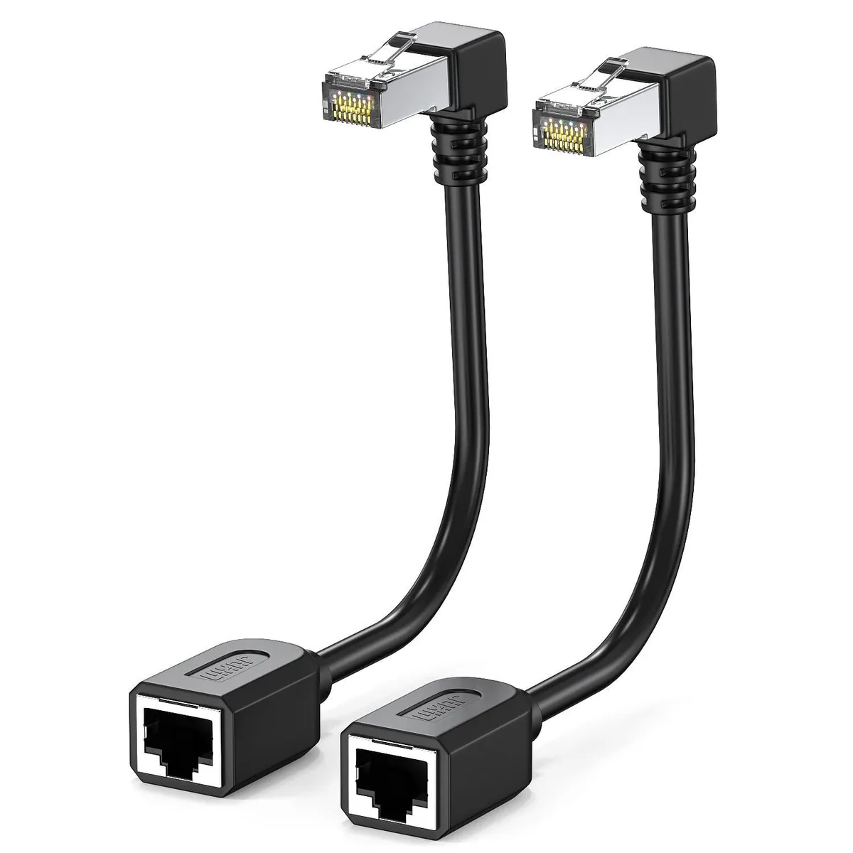 Two short flat Cat6 cables with downward 90-degree RJ45 connectors, male to female, white finish