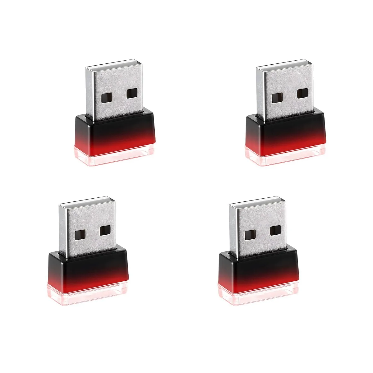 Four tiny red USB LED sticks, smooth plastic finish