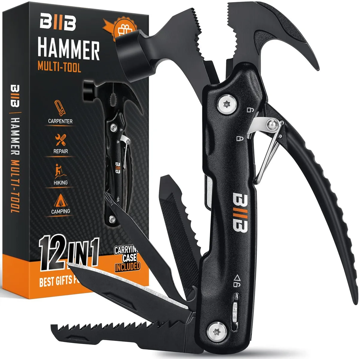 Compact blue 12-in-1 hammer multitool, 5.3 inches, stainless steel with nylon case