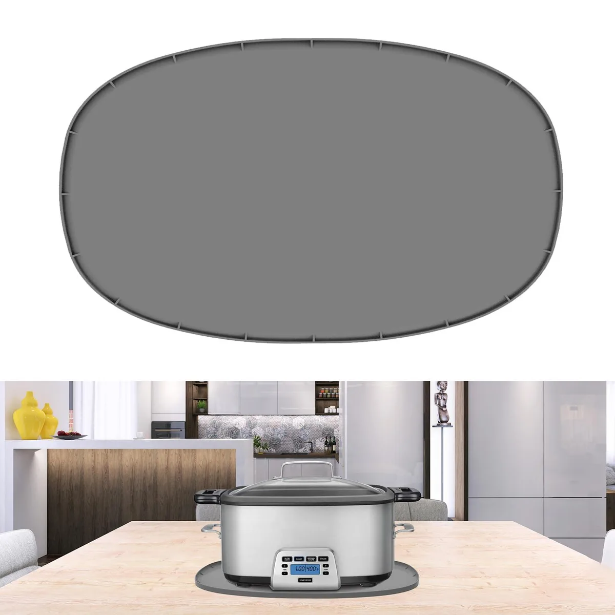 Rectangular silicone mat, 20 by 13 inches, thin with raised edges