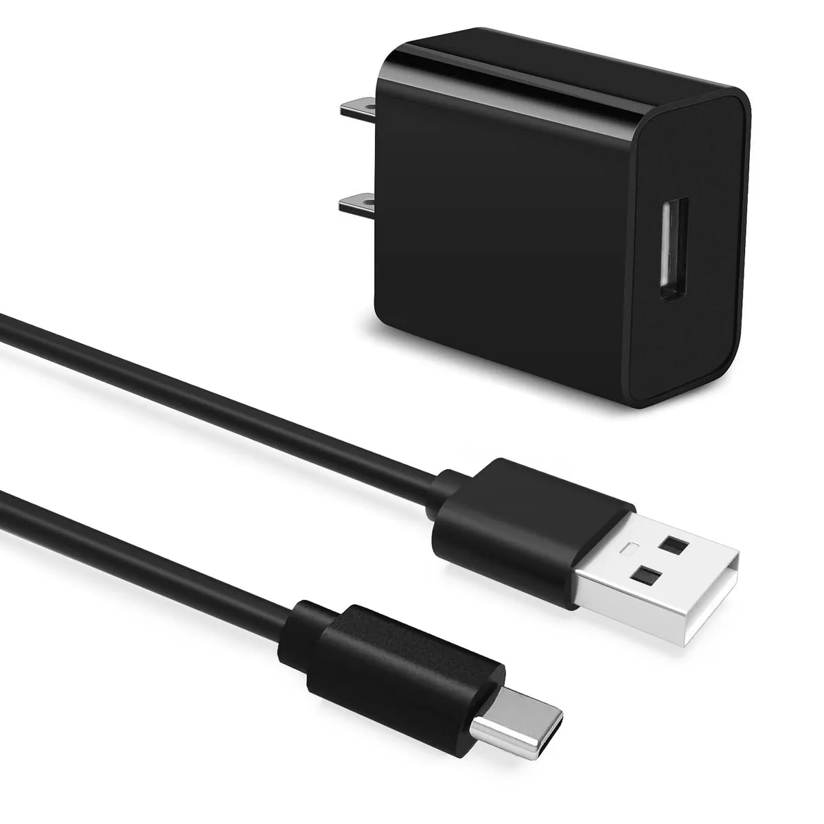 Blue USB-C charging cable with USB-A power adapter, six feet long