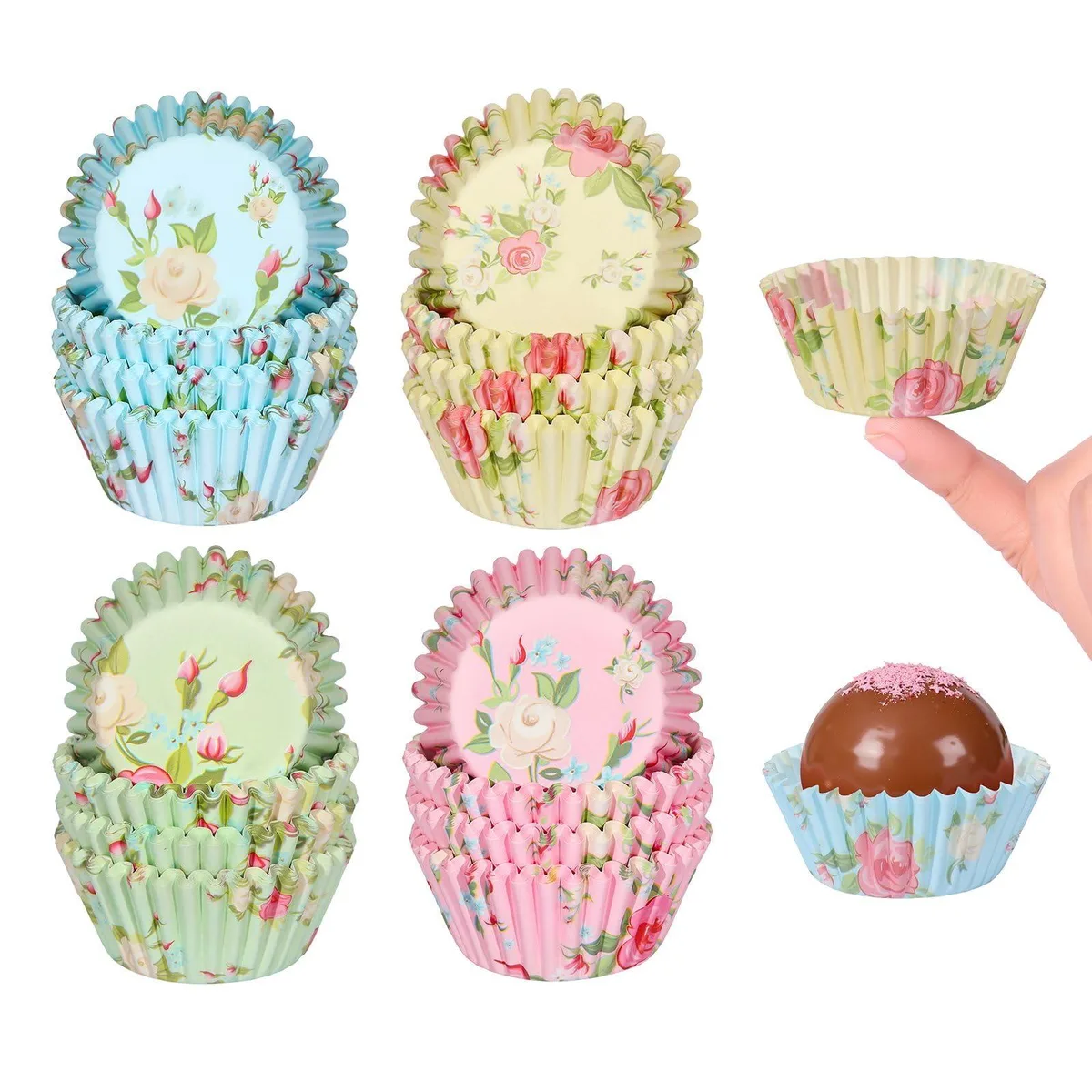 Stack of 400 floral mini paper cupcake liners in four colours