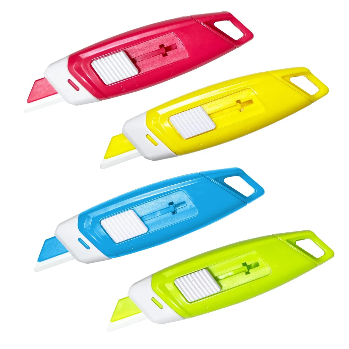 Four small box cutters in blue, red, green, yellow with plastic bodies and ceramic blades