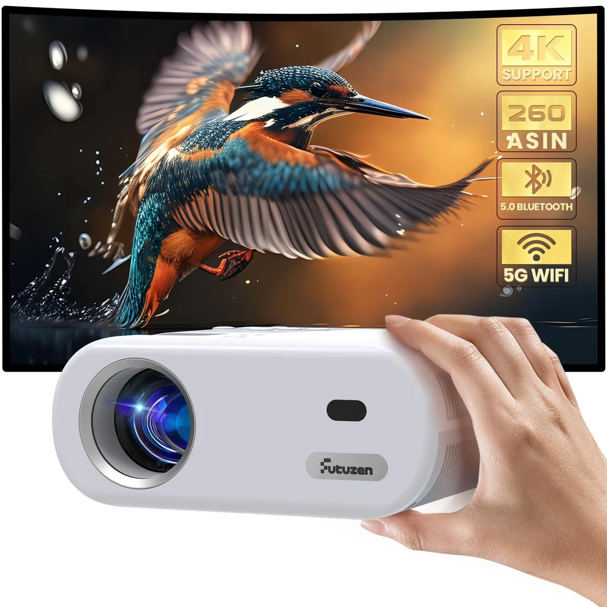 Compact white LCD projector with lens and front controls