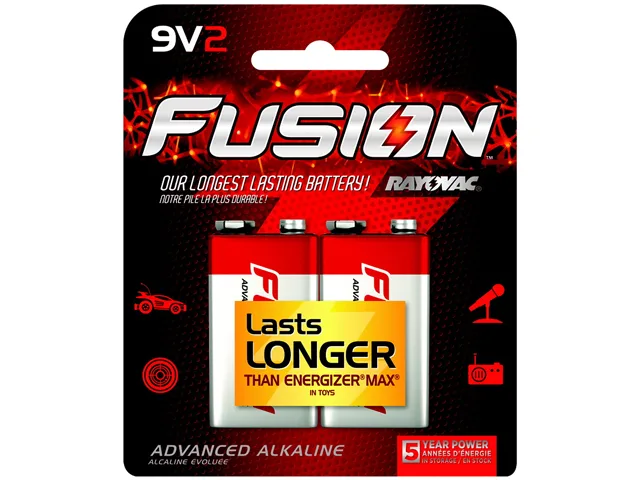 Two rectangular 9V alkaline batteries in blister packaging