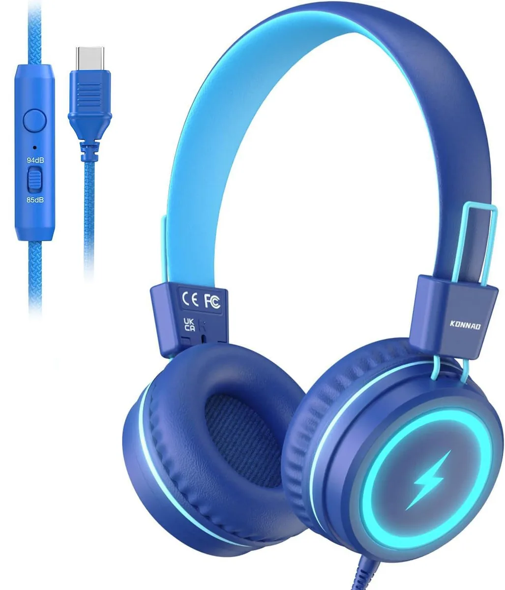 KONNAO USB-C Kids Headphones LED Blue 85/94dB 40mm 180g — product photo