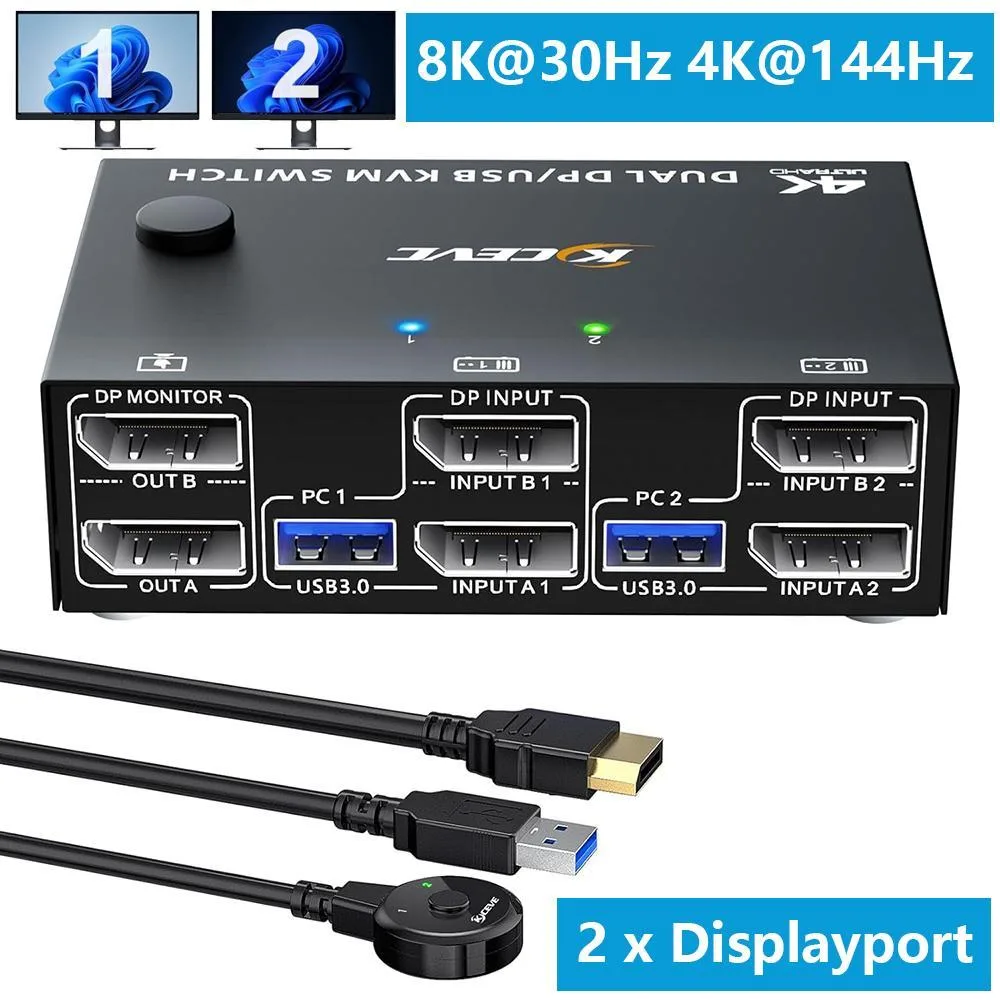 WRIARICH WRIARICH 8K DisplayPort Dual Monitor KVM Switch 2×2 4×USB3.0 Wired Remote — product photo