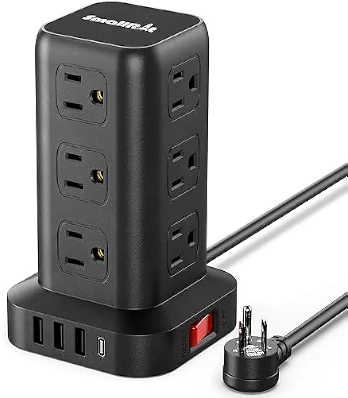Vertical white tower power strip with multiple AC outlets and USB ports, 6.5ft cord
