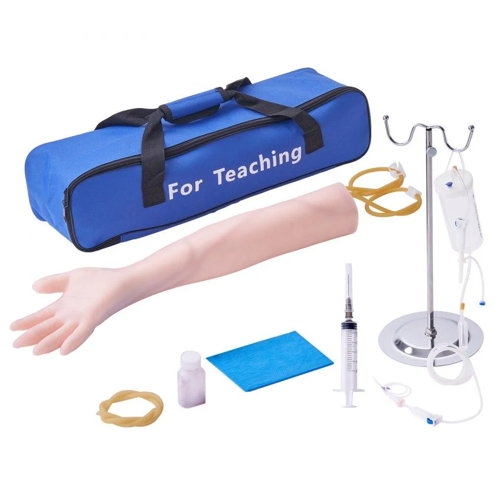 Pale prosthetic arm on metal stand inside carry bag