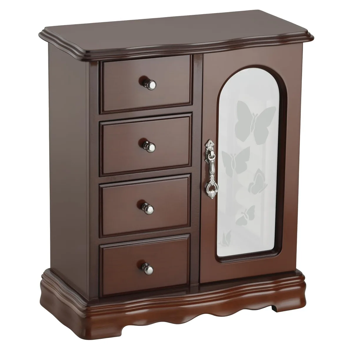  Solid Wood Jewelry Box Large Organizer 4 Drawers Necklace Carousel Mirror Brown 9.5x4.75x10.75 in — product photo
