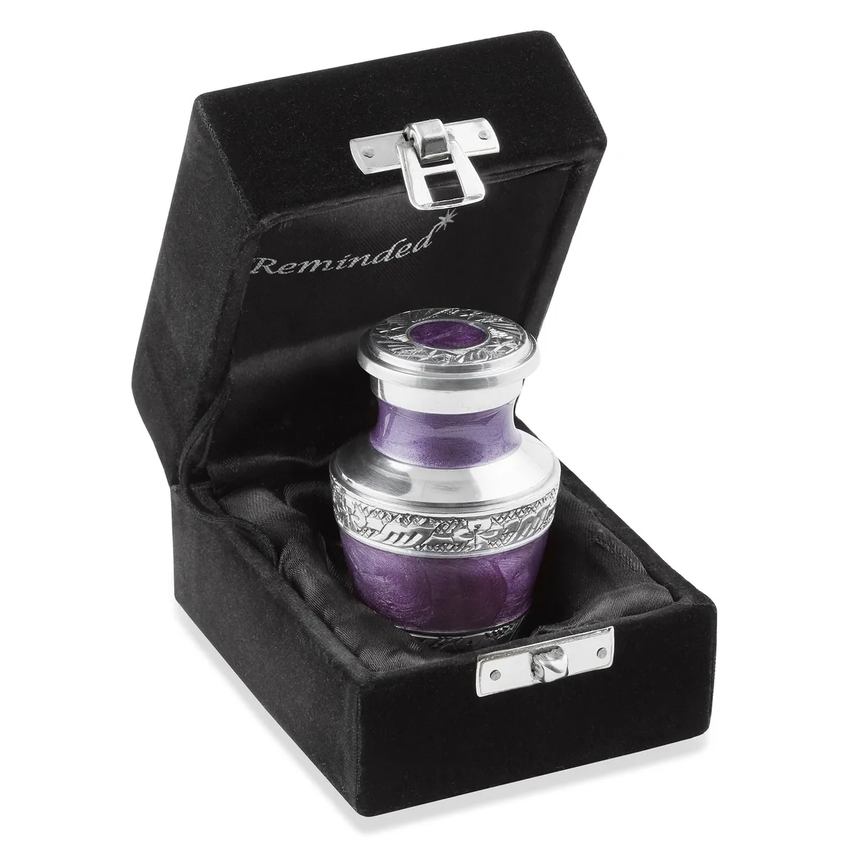 Reminded Reminded Small Cremation Keepsake Urn Lavender Silver Velvet Case 5.5 cubic inches — product photo