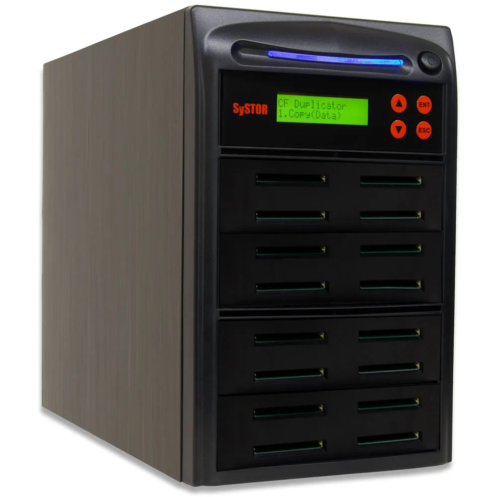 Black standalone Compact Flash duplicator with LCD screen and fifteen slots