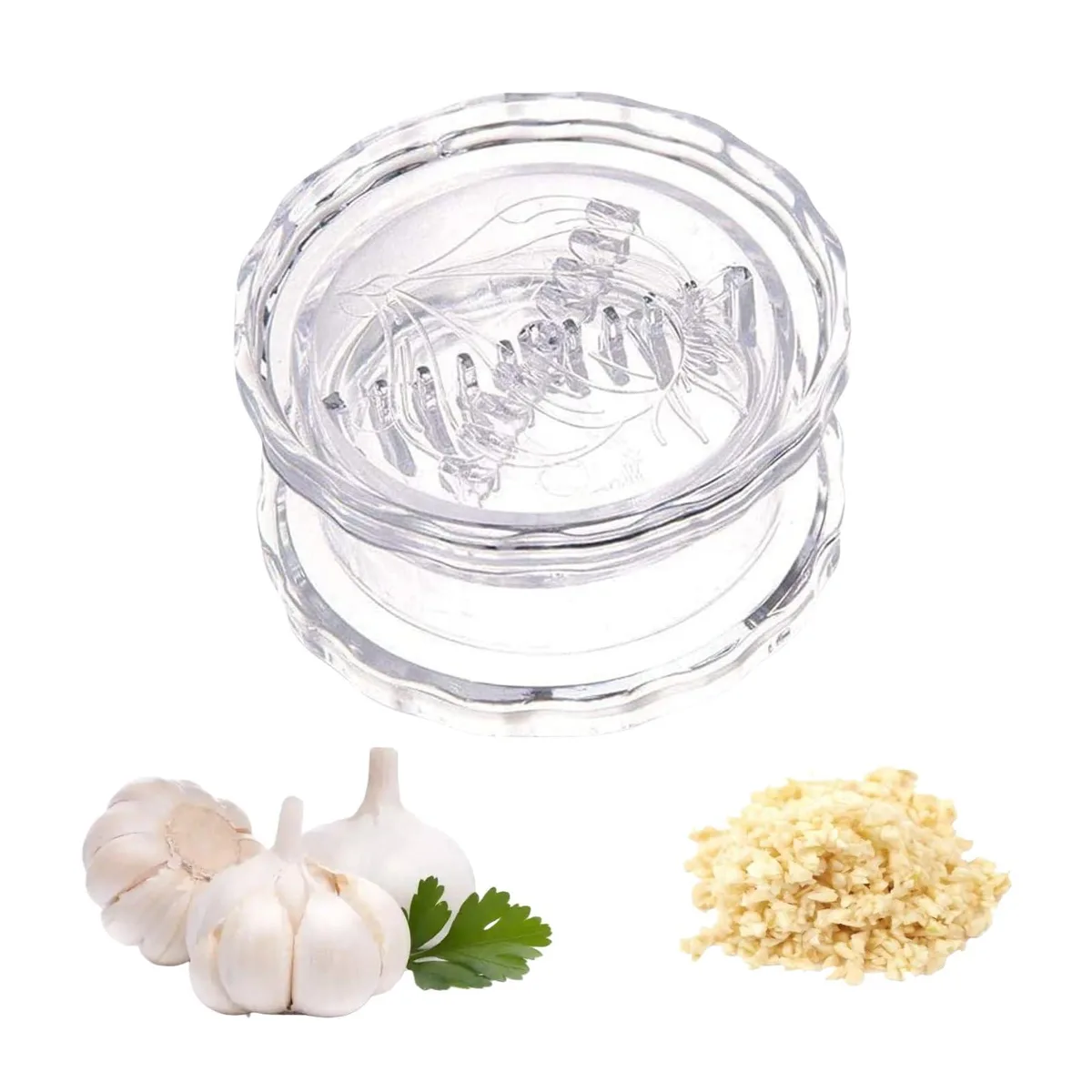Transparent manual garlic mincer and grinder with lid