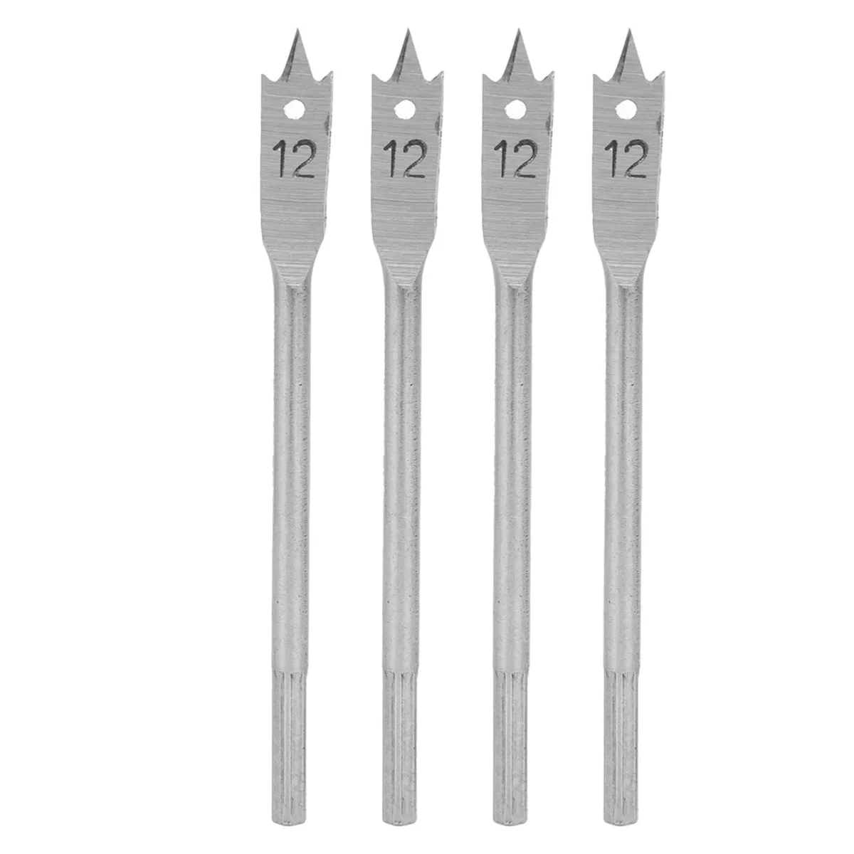 Four spade drill bits, 12mm paddle heads, 6.2mm hex shanks, polished steel finish