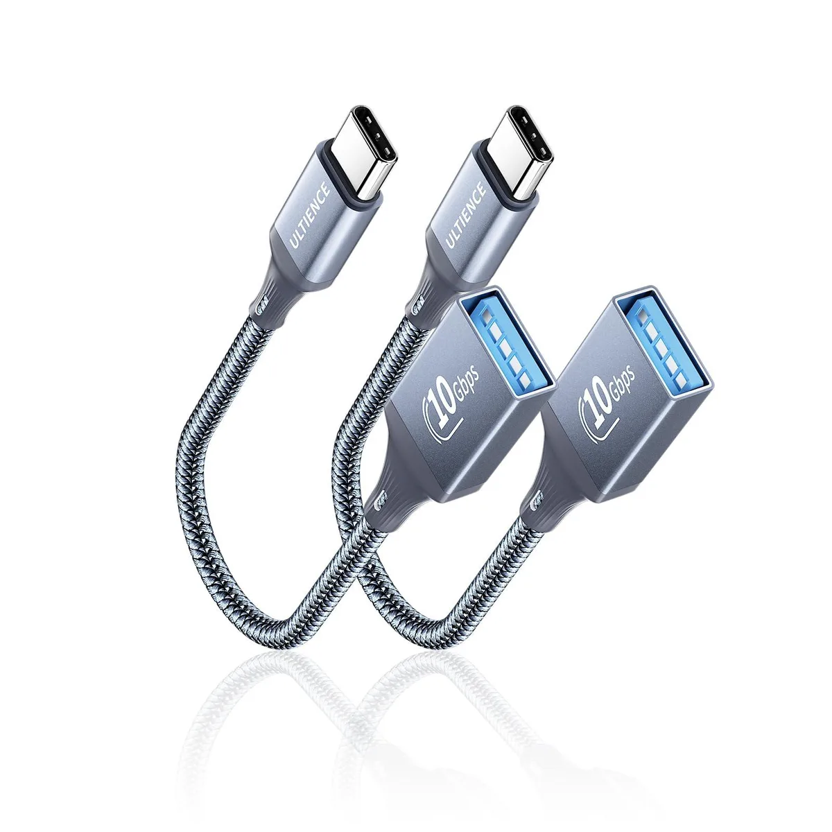 Blue nylon-braided USB-C male to USB-A female adapter cable, 6 ft