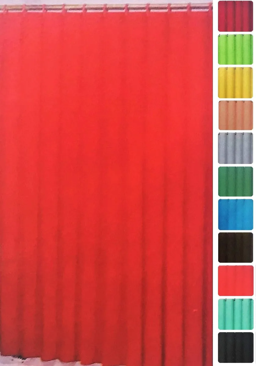 Red vinyl shower curtain liner, 70 by 72 inches, 12 metal grommets, magnetized bottom hem
