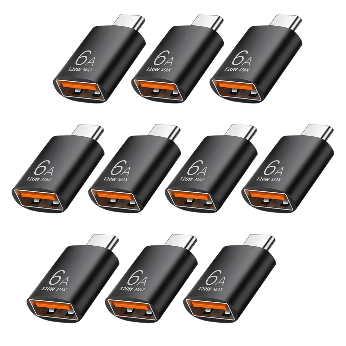 Ten small black USB-C male to USB-A female adapters with silver edges and orange interiors