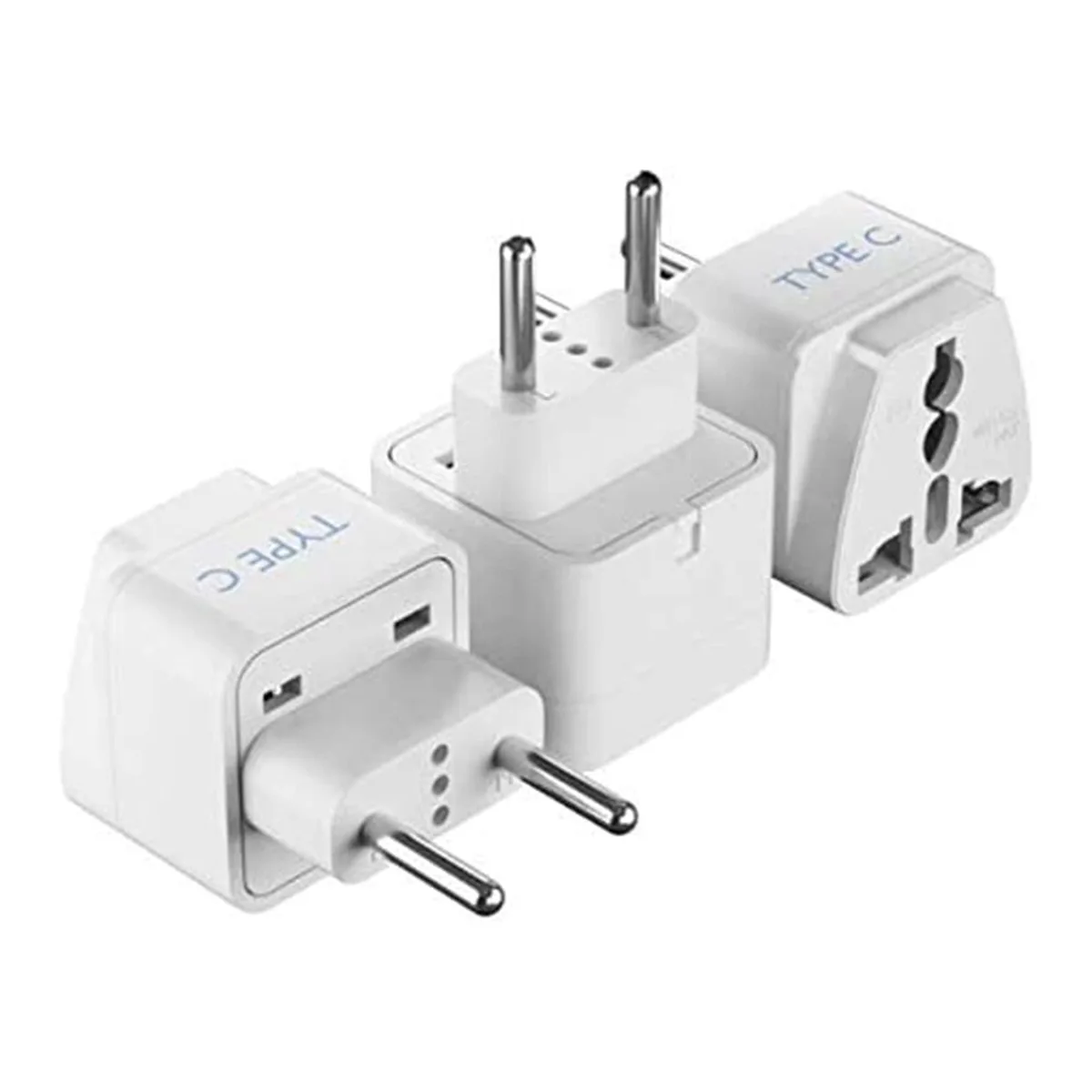 Three white Type C travel adapters, compact rectangular shape, 3.0 by 2.0 by 1.0 inches each, 30 grams total