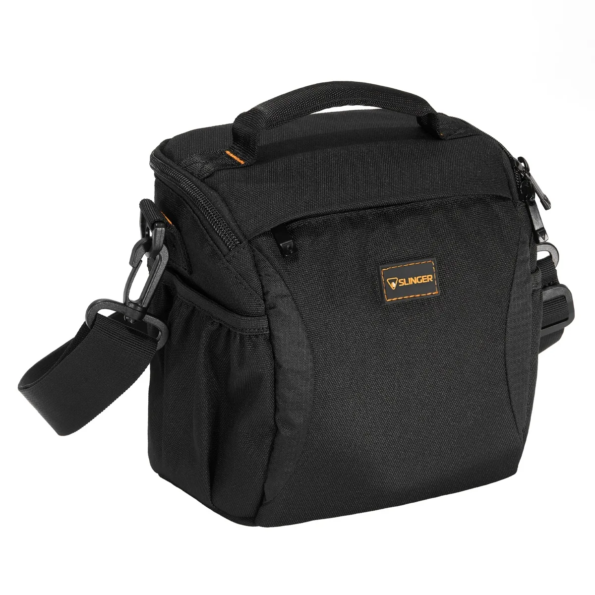 Slinger Alpine 140 camera shoulder bag in dark fabric with grab handle and adjustable strap