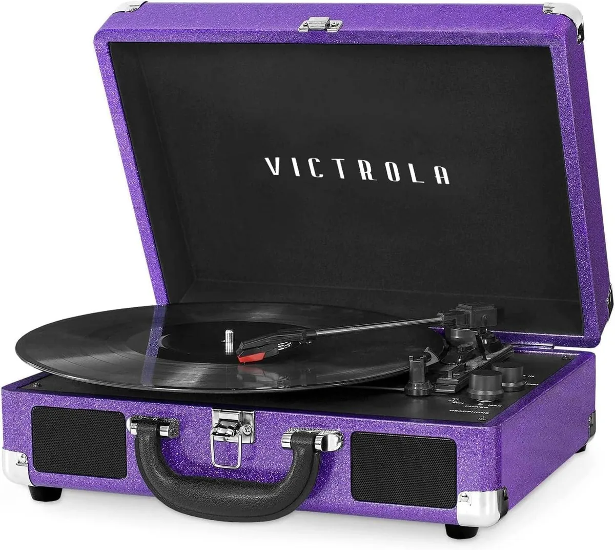Purple glitter suitcase-style portable turntable with carry handle