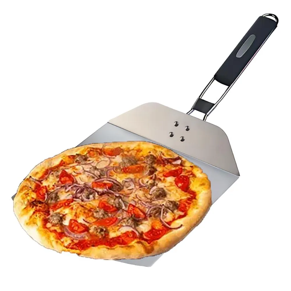 Folding stainless steel pizza peel with riveted handle