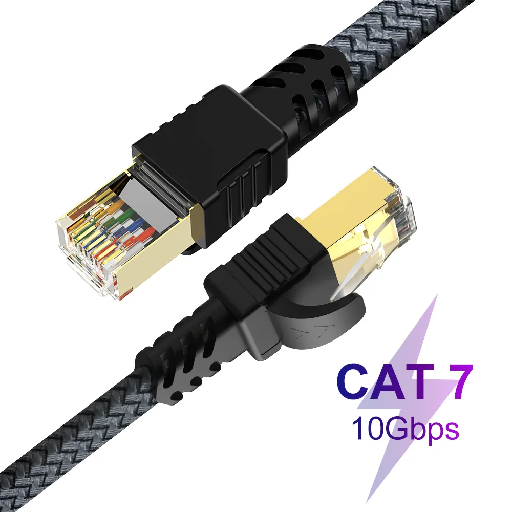 Black Cat7 ethernet cable with RJ45 connectors, 100 ft length