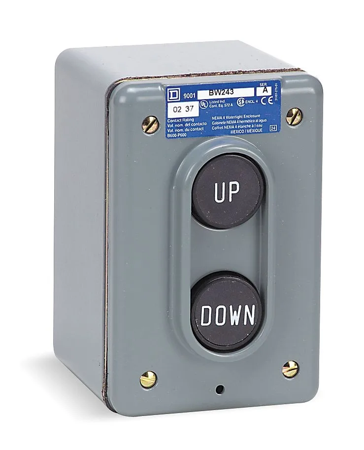 Grey zinc wall-mounted enclosure with two black 30 mm momentary push buttons marked up and down