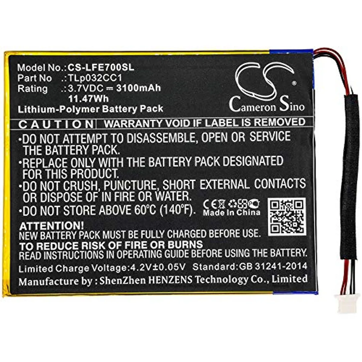  Cameron Sino Battery 31576 Epic 7 TLp032CC1 3100mAh 11.47Wh — product photo