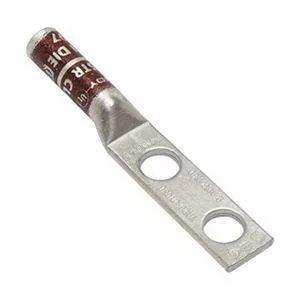 Copper two-hole lug with long barrel, brown colour code, straight tongue .6 in wide, 1 in hole spacing, 3.500 in length
