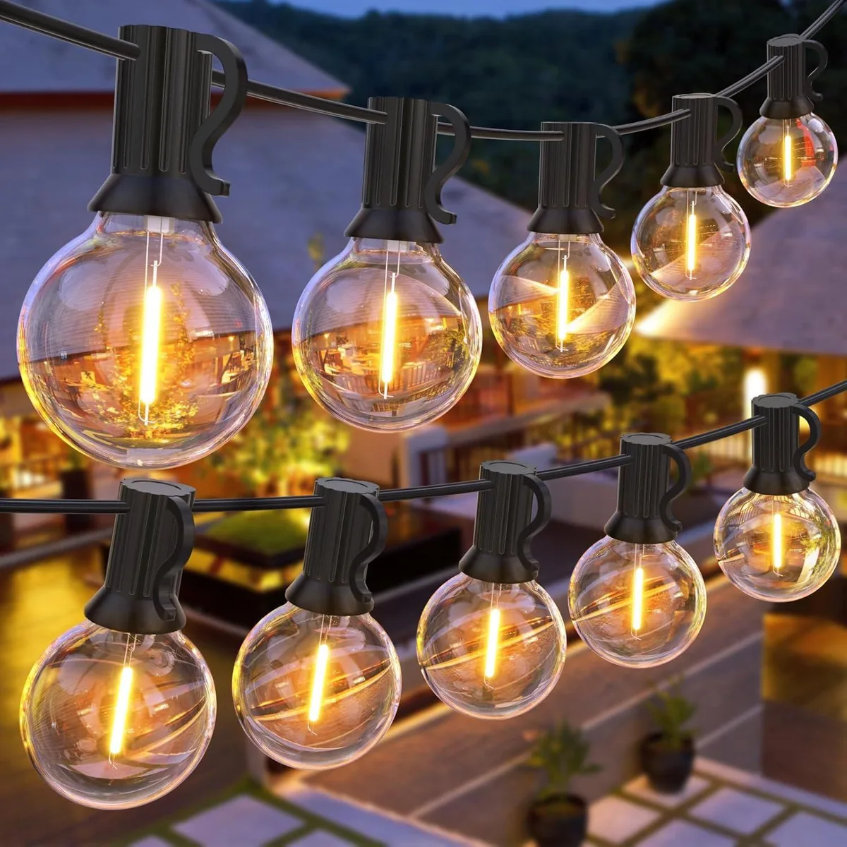 Red LED bulbs on blue cord, 100 ft string, 36 shatterproof G40 globes