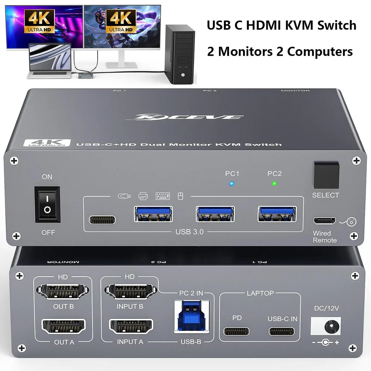 IHDAPP IHDAPP KC202CH USB-C HDMI Dual Monitor KVM Switch 4K@60Hz 100W PD — product photo
