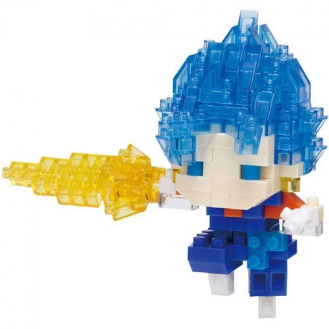 Small Nanoblock figure of Vegito in blue Super Saiyan God Super Saiyan form, hand-chop pose, poly bag packaging