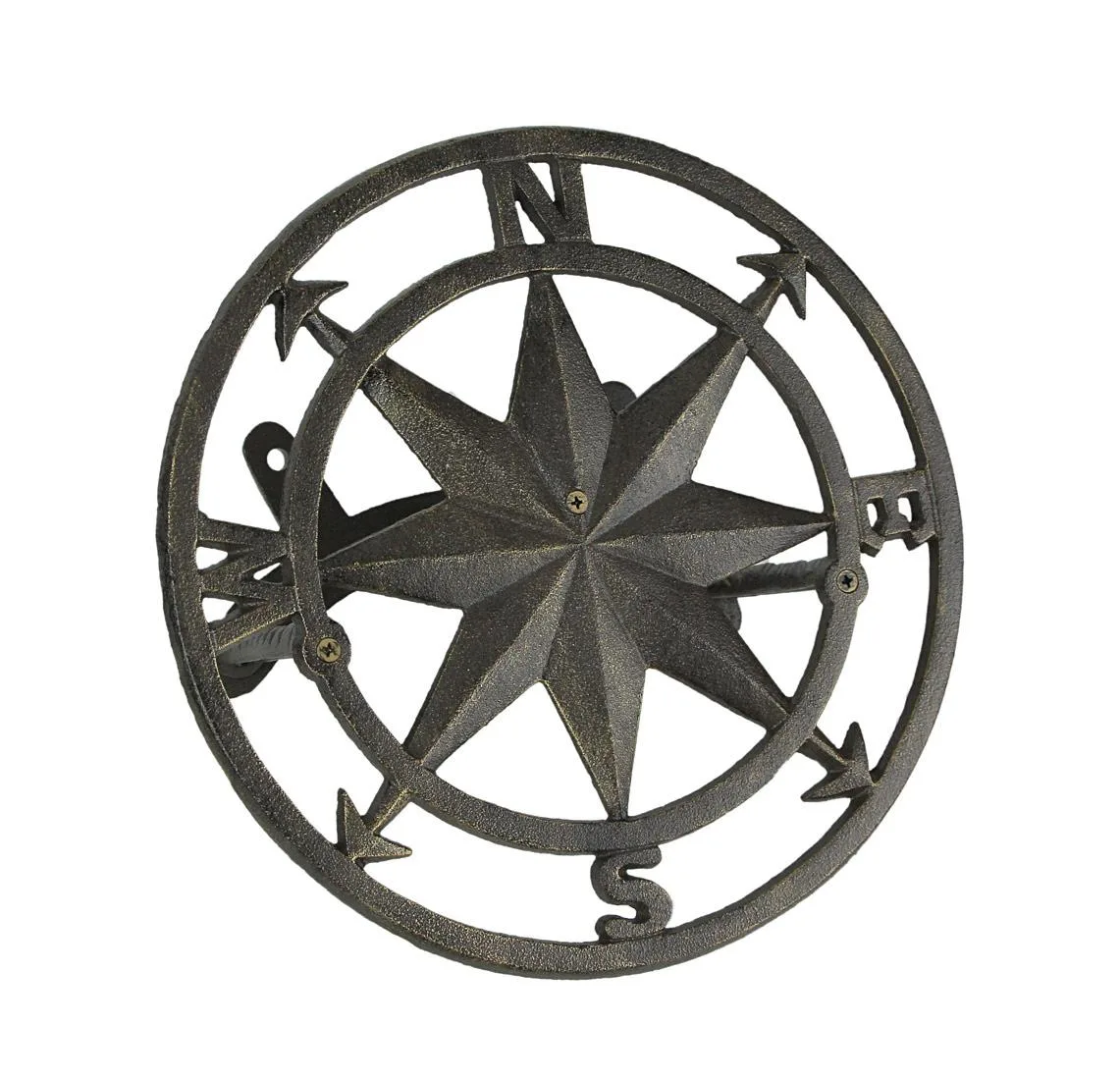 Wall-mounted cast iron hose reel with bronze compass rose design, 12 inch diameter, 5.5 inch depth