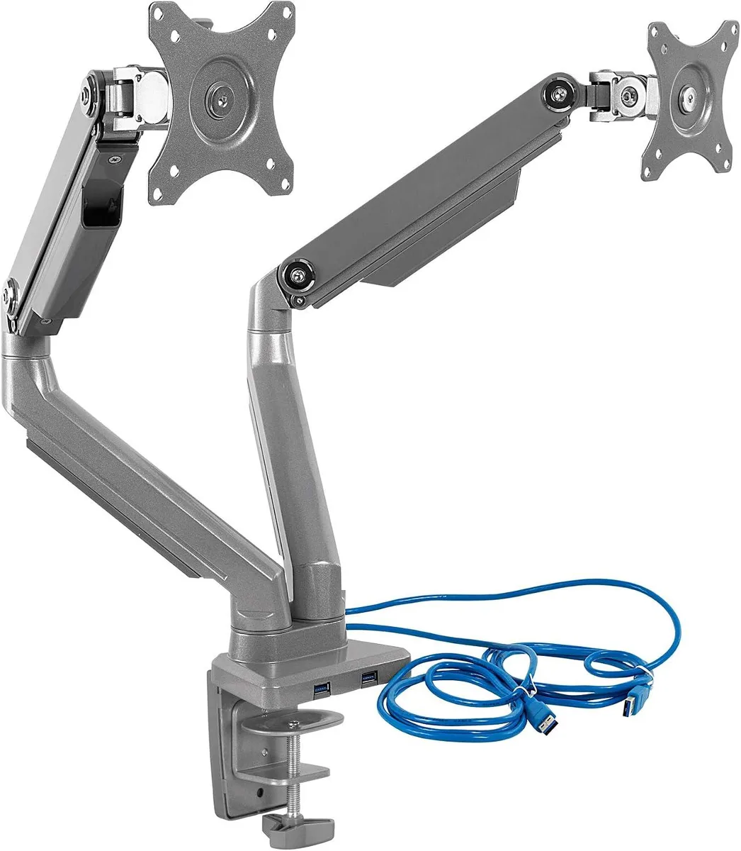 PISKEKAT PISKEKAT Dual Monitor Arm Mount 2×USB 3.0 24-32in VESA 75/100 C-Clamp Grommet — product photo