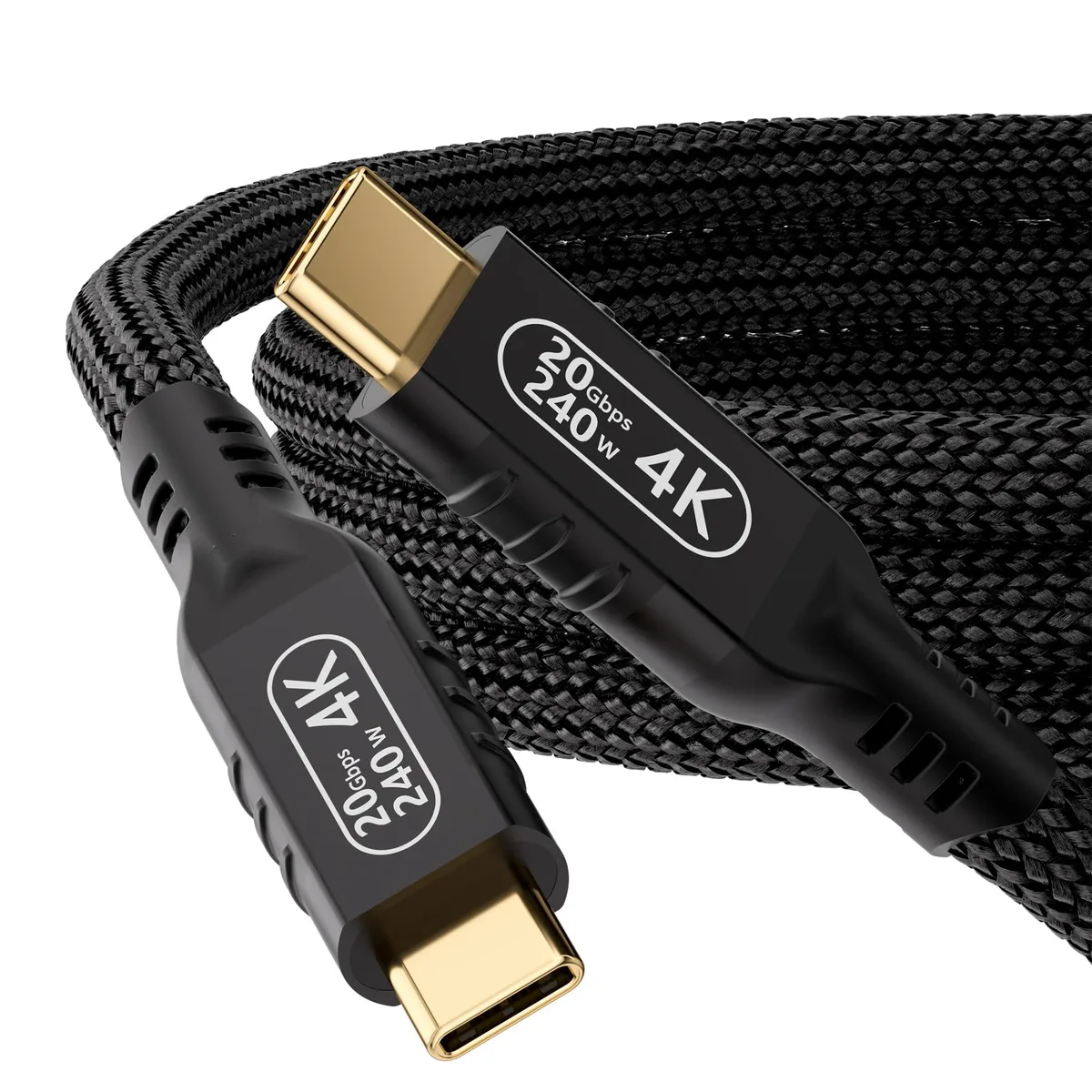 Black USB-C to USB-C cable, 6.6 ft, nylon braided, aluminum alloy connectors