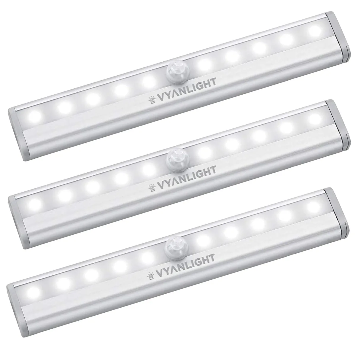 Three rectangular polished-chrome LED bars with adhesive magnetic strips