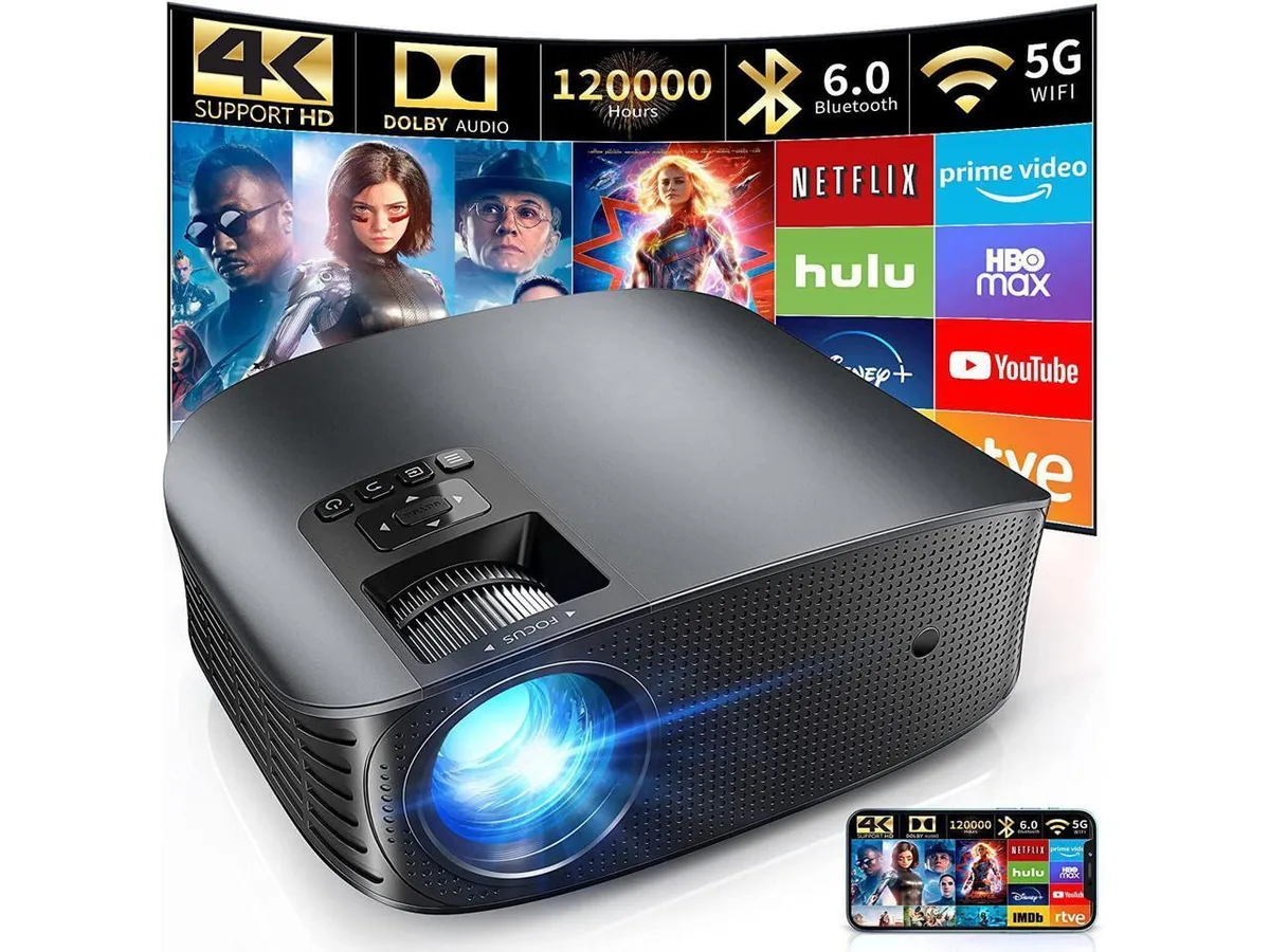 Compact rectangular mini projector with matte finish and front lens