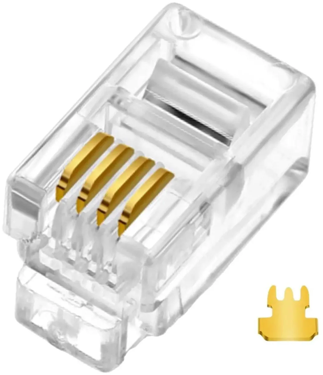 Twenty clear plastic RJ9 telephone connectors with gold pins